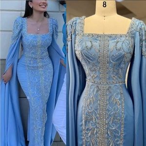 Blue Elegant Mermaid Cape Sleeves Evening Dress Beaded Gown
